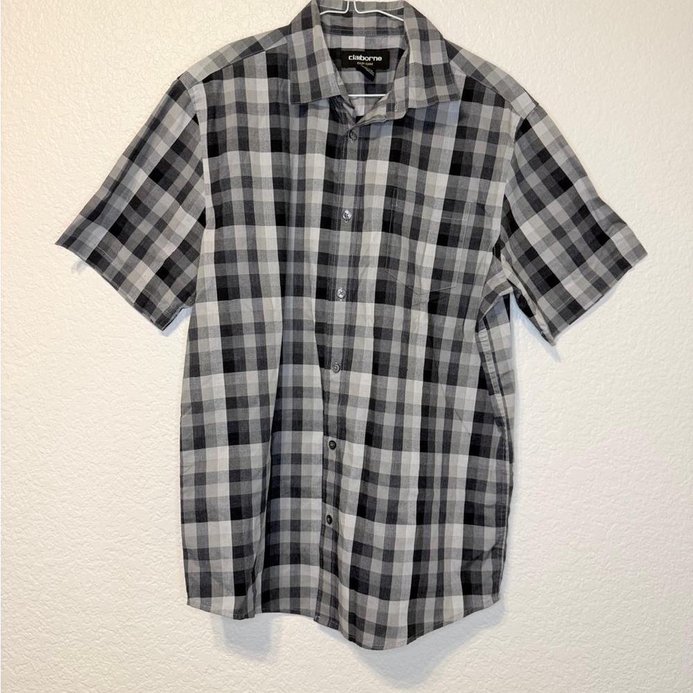 Claiborne Men's Black and Gray Checkered Shirt